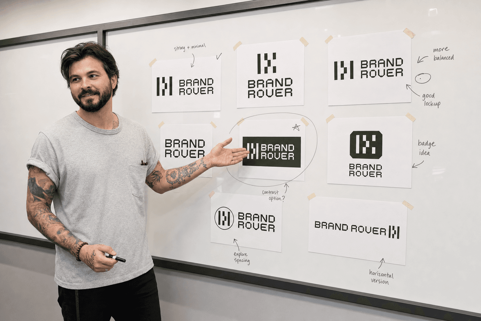 Brand Rover founders mapping the brand story on a whiteboard