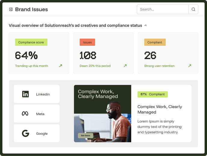 Brand Rover dashboard showing brand issues, compliance scores, and ad sources