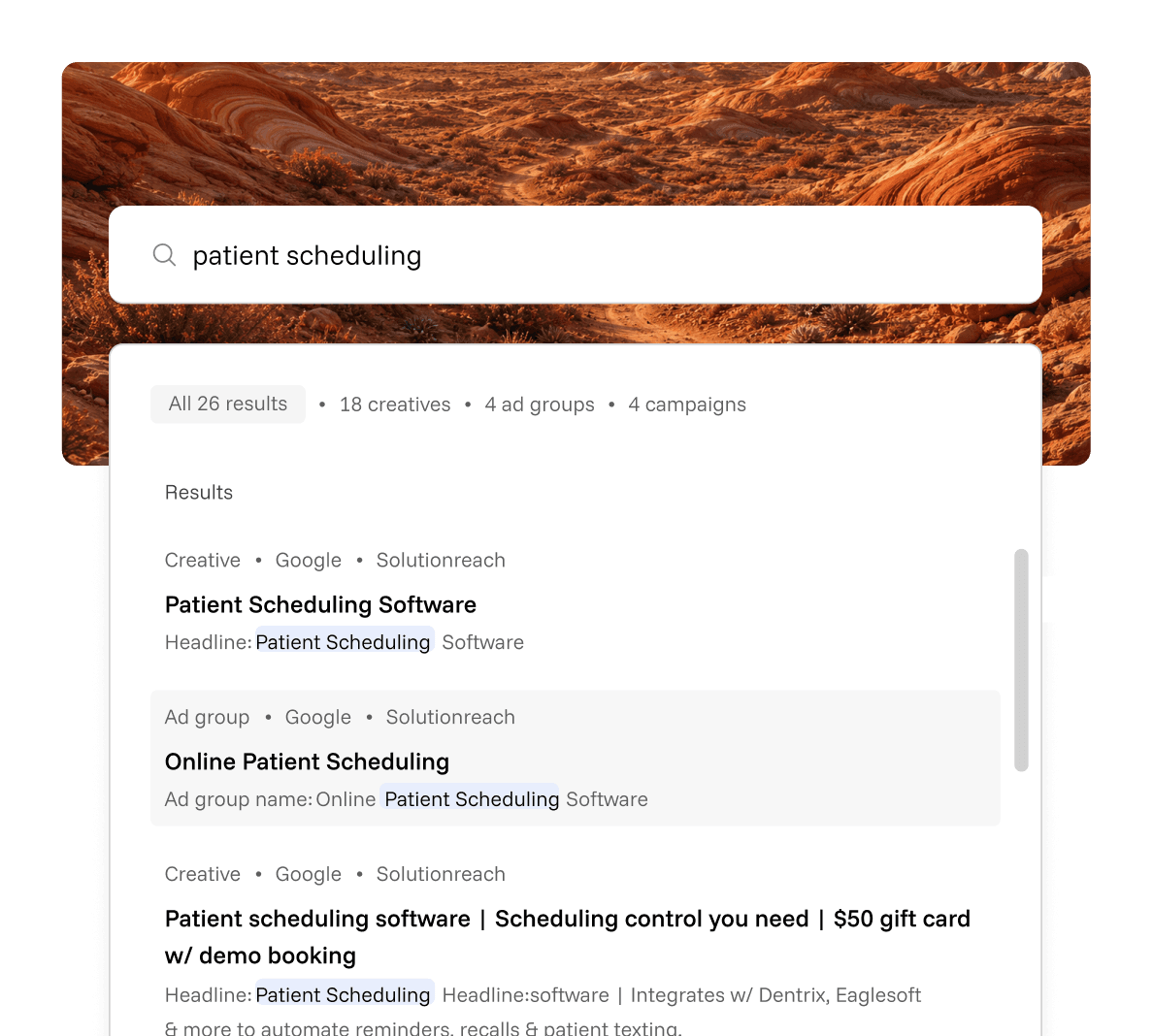 Brand map preview pinned over a photo of a desert canyon with a dune buggy