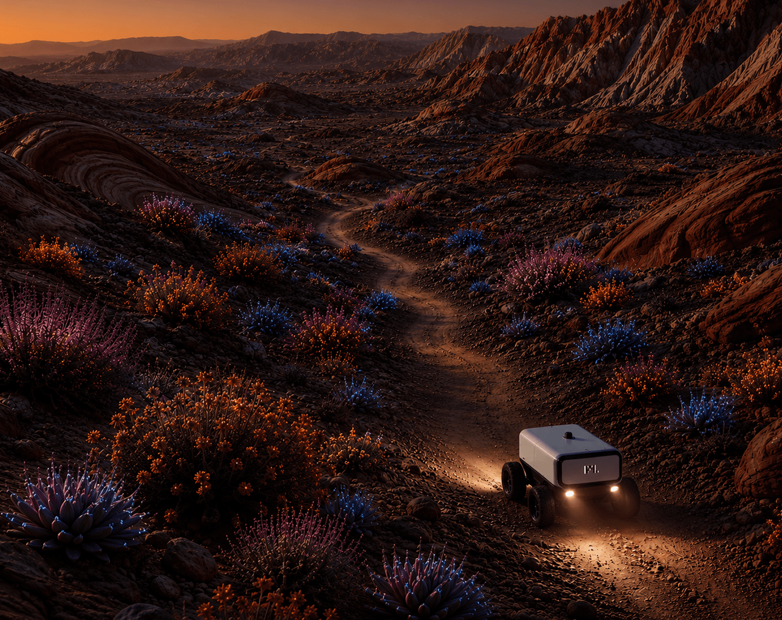 Night desert landscape with the Brand Rover vehicle